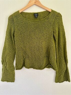 Eileen Fisher Petite Olive Green Textured Open Knit Bell Sleeve Sweater PP